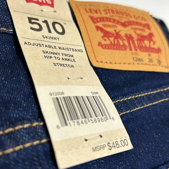 Levi's 510 Skinny Jeans Girls Size 12 Denim 26x26 Kids Button Zipper Blue New - Picture 2 of 8